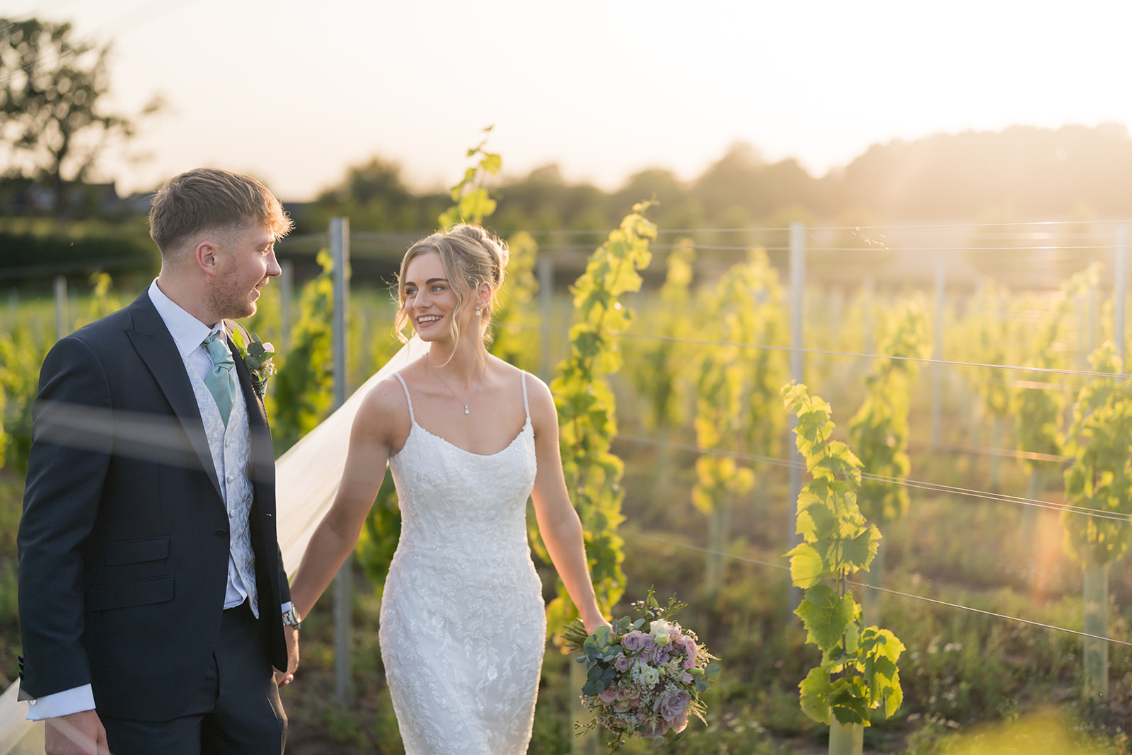 Bride and groom walking through the vineyard at Sandhole Oak Barn in evening sunlight